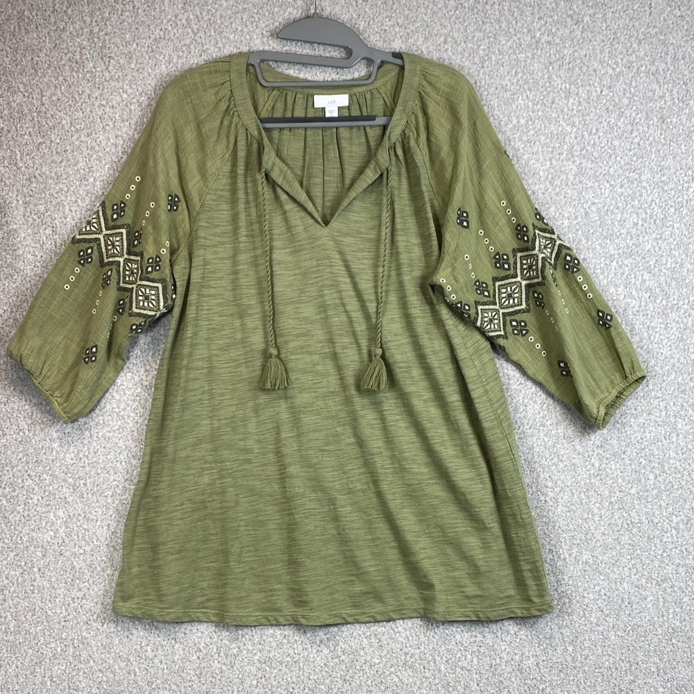 J. Jill boho Lagenlook tunic blouse top S olive green embroidered sleeve tassels